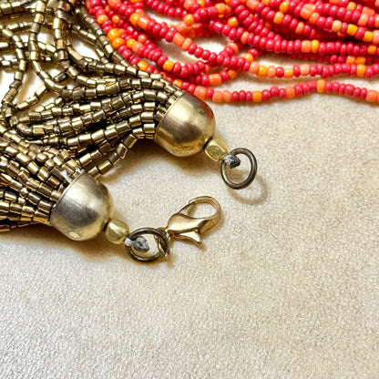 Cascading Red & Bronze Seed Bead Boho Multi-Strand Necklace