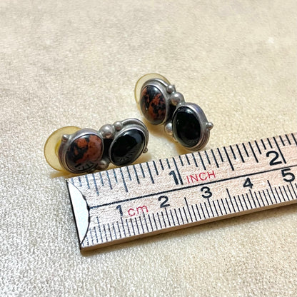 Mahogany & Black Obsidian Sterling Silver Vintage Pierced Stud Earrings