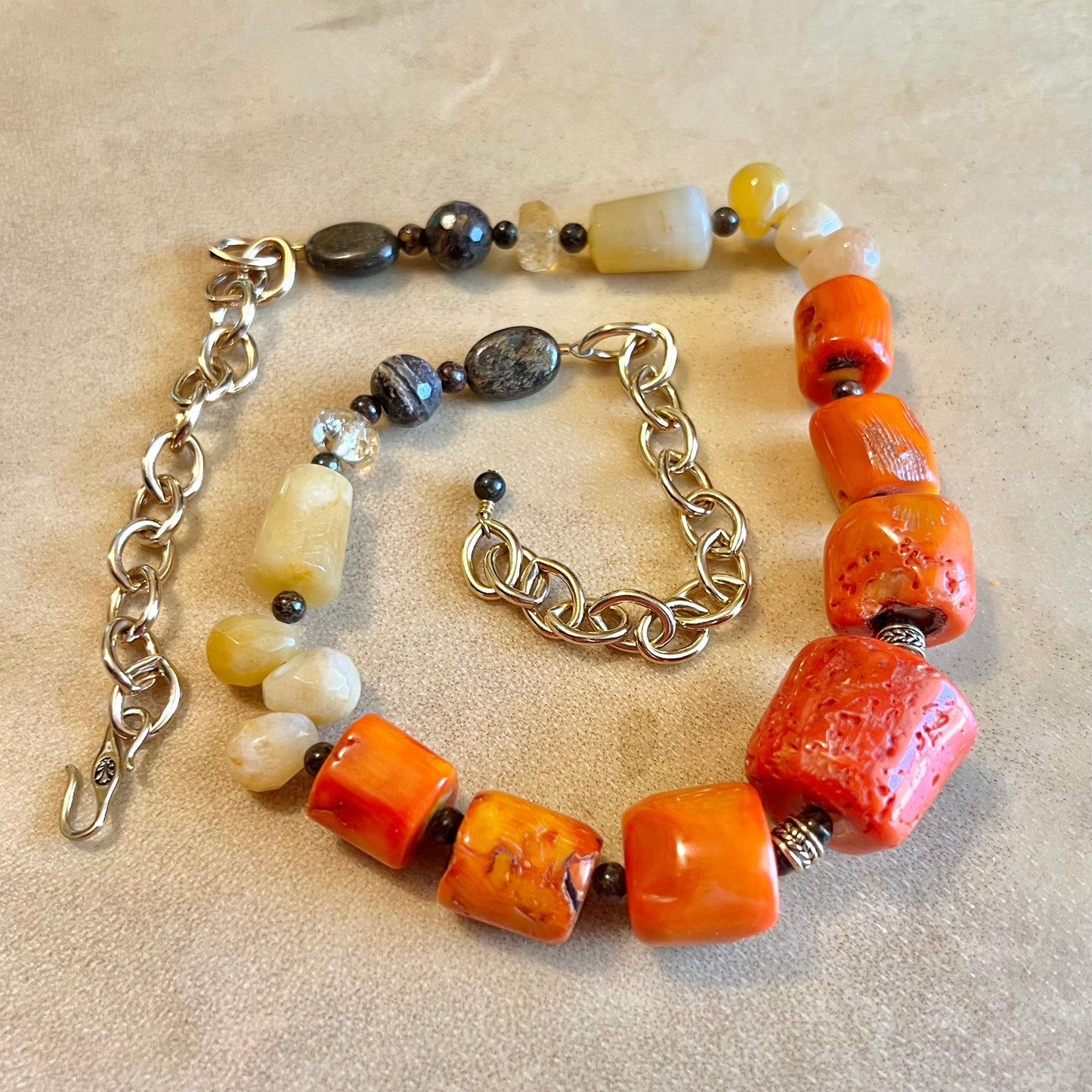 Coral, Citrine, Bronzite, & Aventurine Vintage Beaded Necklace by Barse