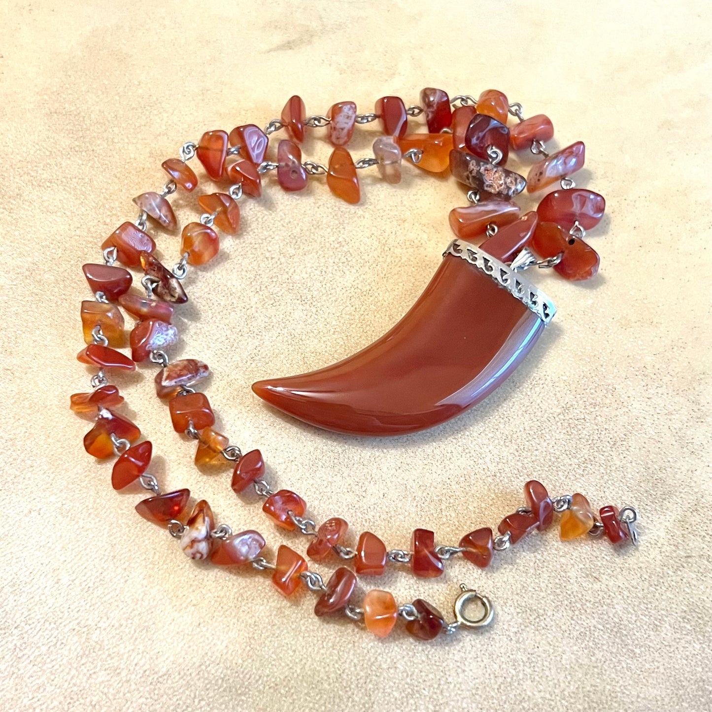 Carnelian Chain Linked Vintage Beaded Tooth Necklace