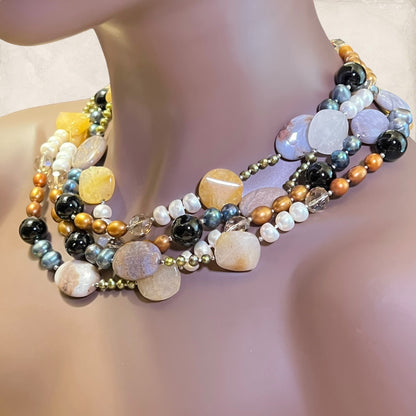 Vintage Colorful Pearl & Agate Gemstone Beaded Necklace with Sterling Silver Clasp