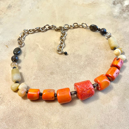 Coral, Citrine, Bronzite, & Aventurine Vintage Beaded Necklace by Barse