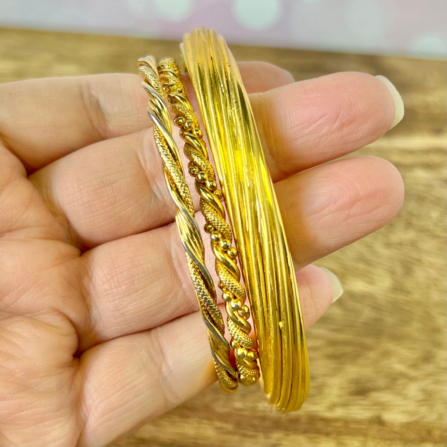 Vintage Bright Gold Tone Bracelet Stack of 3 Woven Textured Bangles