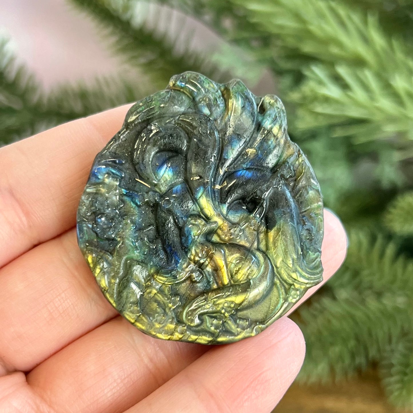 Kitsune Nine Tailed Fox with Cherry Blossom Tree Labradorite Crystal Carved Cabochon