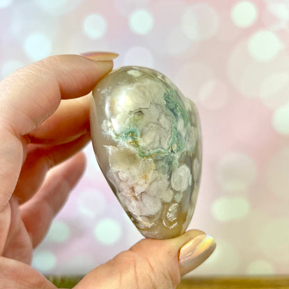 Flower Agate Carved Crystal Heart