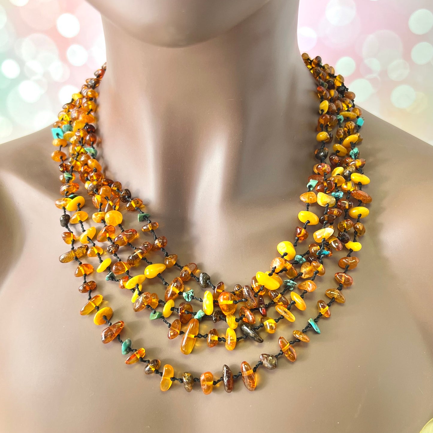 Amber Beaded Multi Strand Vintage Necklace