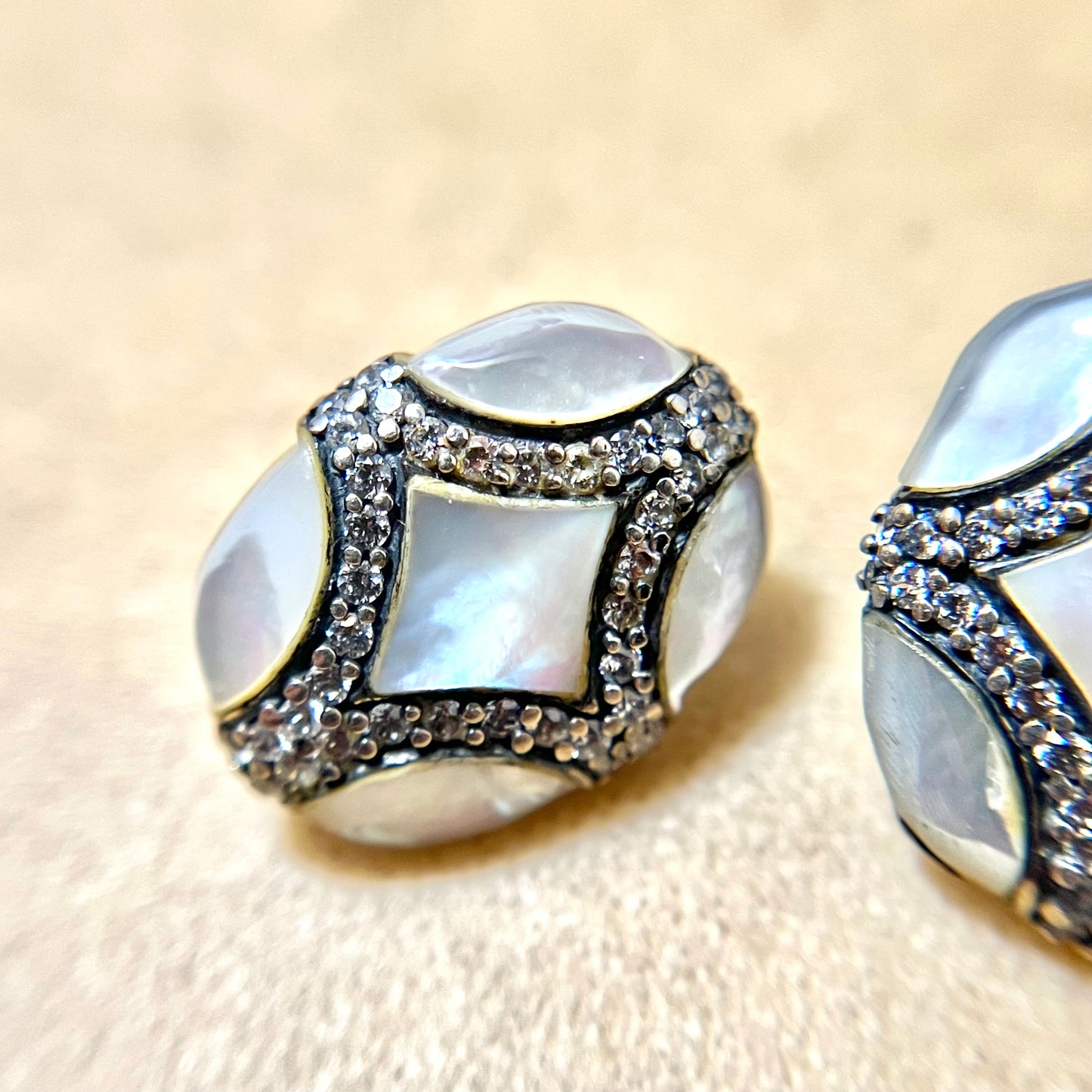 Mother of Pearl Abalone & Marcasite Vintage Sterling Silver Pierced Stud Earrings