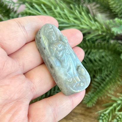 Kwan Yin on Lotus Flower Labradorite Carved Stone Cabochon