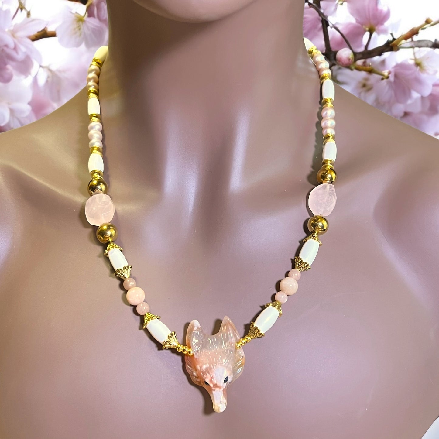 Flower Agate Wolf's Head Beaded Pearl & Bone Handmade Necklace