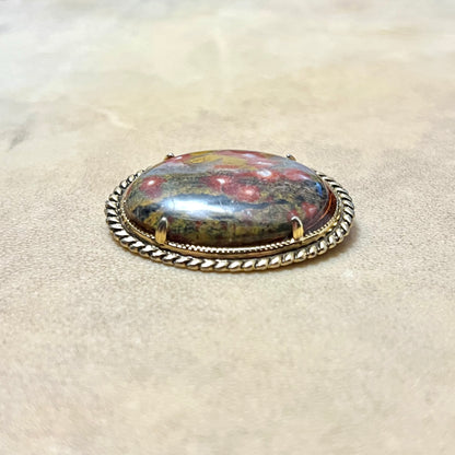 Vintage Red & Yellow Jasper Oval Cabochon with Gold Tone Bezel