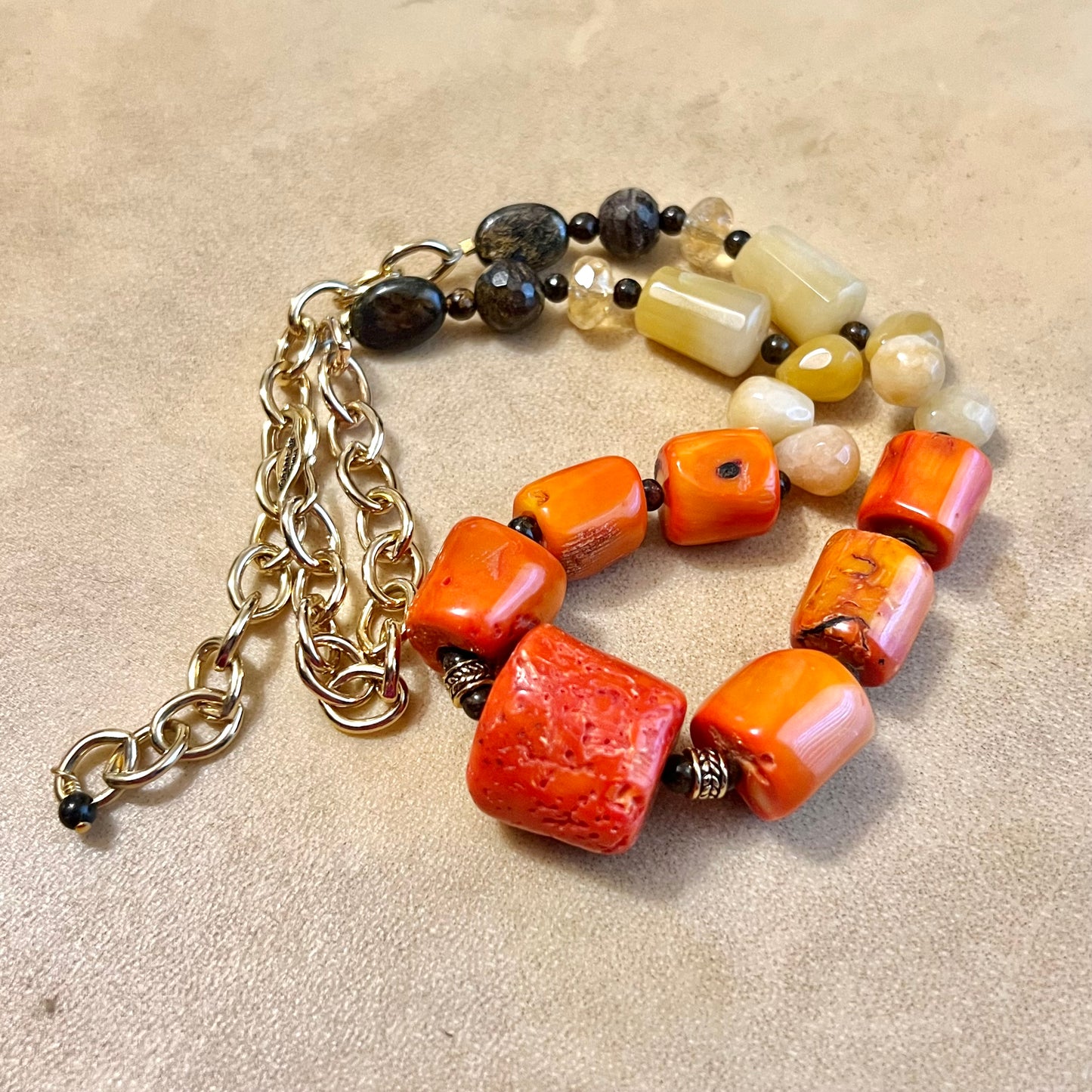 Coral, Citrine, Bronzite, & Aventurine Vintage Beaded Necklace by Barse