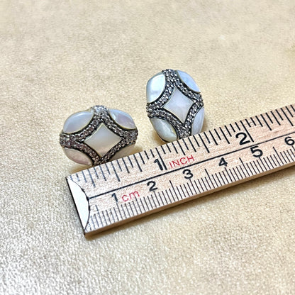 Mother of Pearl Abalone & Marcasite Vintage Sterling Silver Pierced Stud Earrings