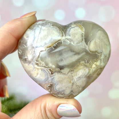 Flower Agate Carved Crystal Heart