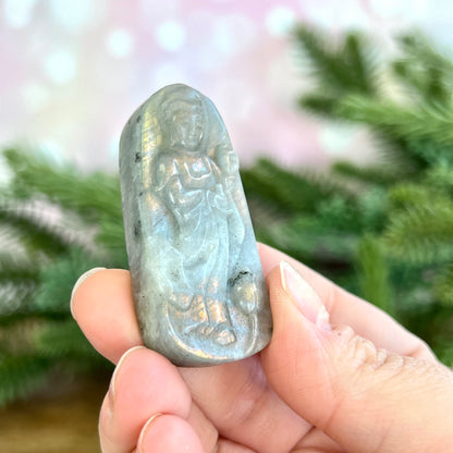 Kwan Yin on Lotus Flower Labradorite Carved Stone Cabochon