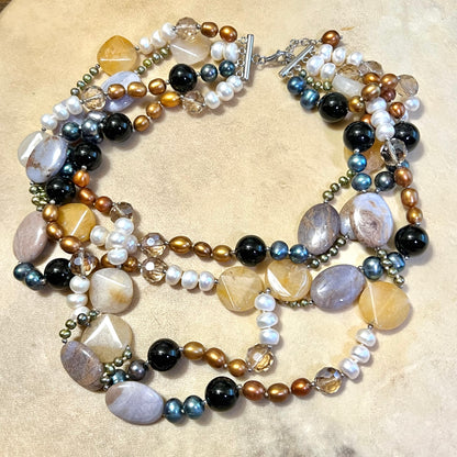 Vintage Colorful Pearl & Agate Gemstone Beaded Necklace with Sterling Silver Clasp