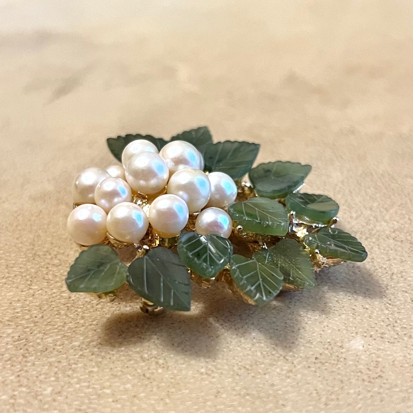 Swoboda Vintage Jade & Pearl Gold Tone Grape Bunch Brooch