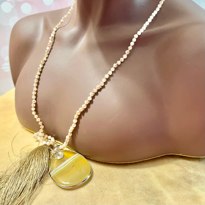 Yellow Agate Faceted Glass Beaded Necklace with Gold Tassel
