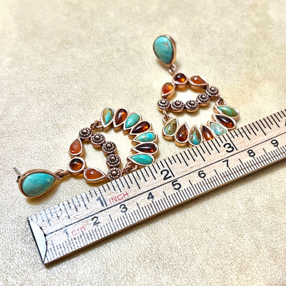 Barse Turquoise & Amber Gold Plated Copper Chandelier Pierced Stud Earrings