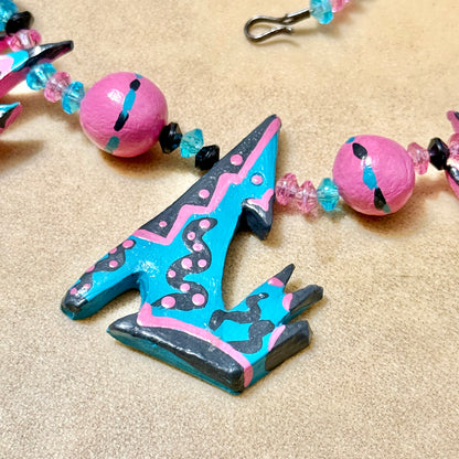 Hand Painted Coyote & Cactus Vintage Clay Southwestern Necklace