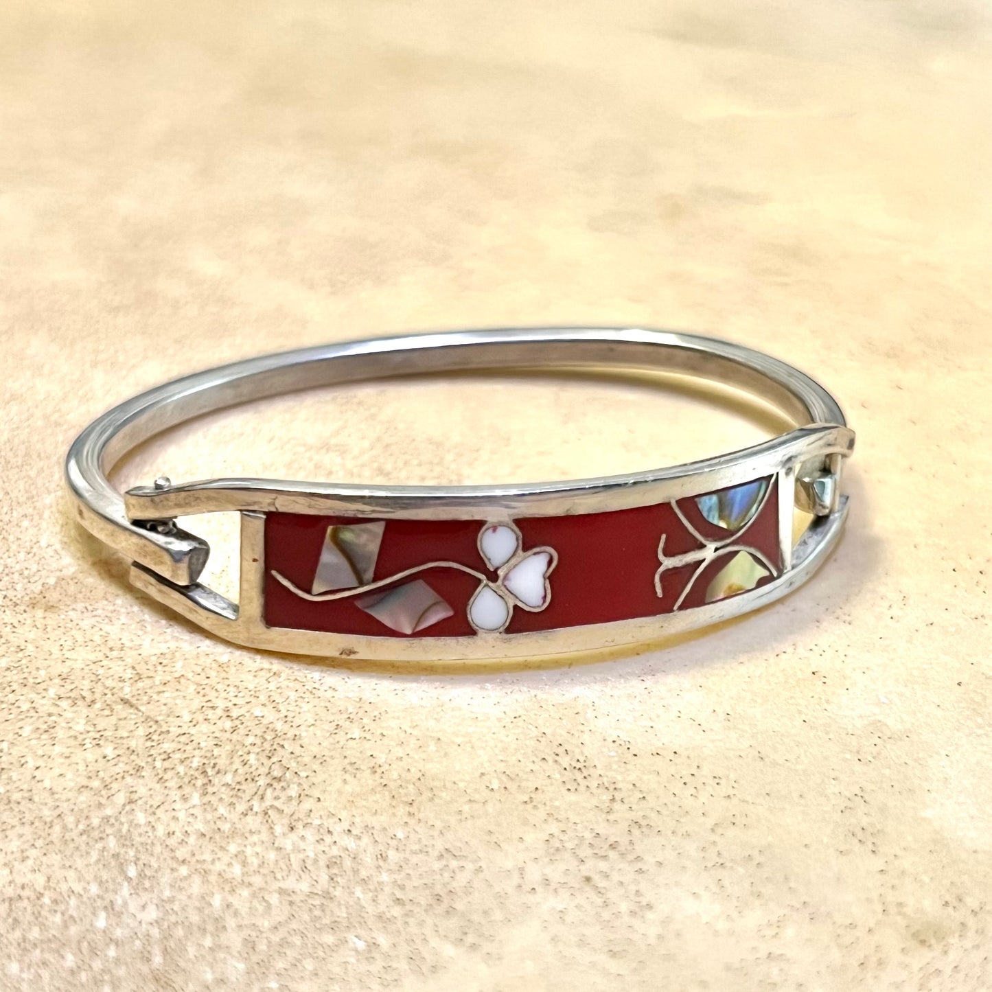 Vintage Alpaca Hinged Bracelet Silver Tone with Red Mother of Pearl Flower Inlay - SMALL