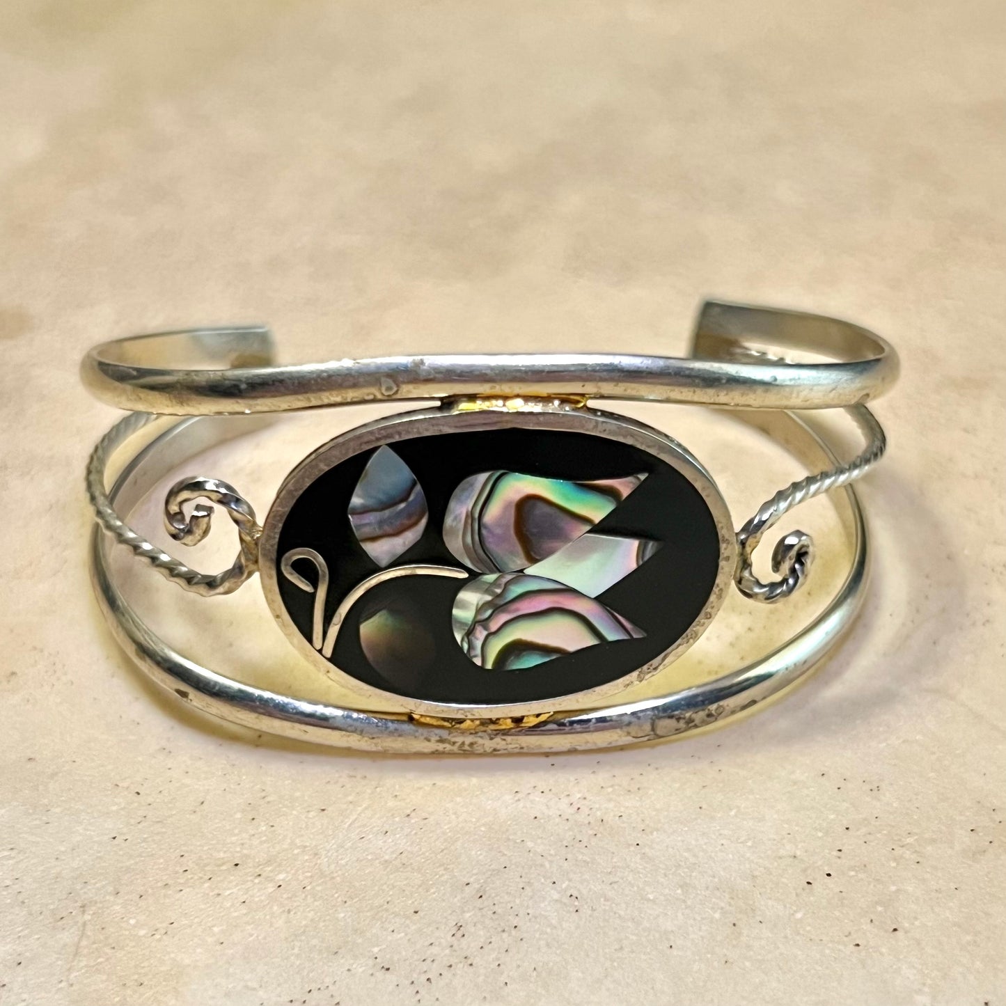 Alpaca Inspired Vintage Cuff Bracelet with Purple Mother of Pearl Inlay