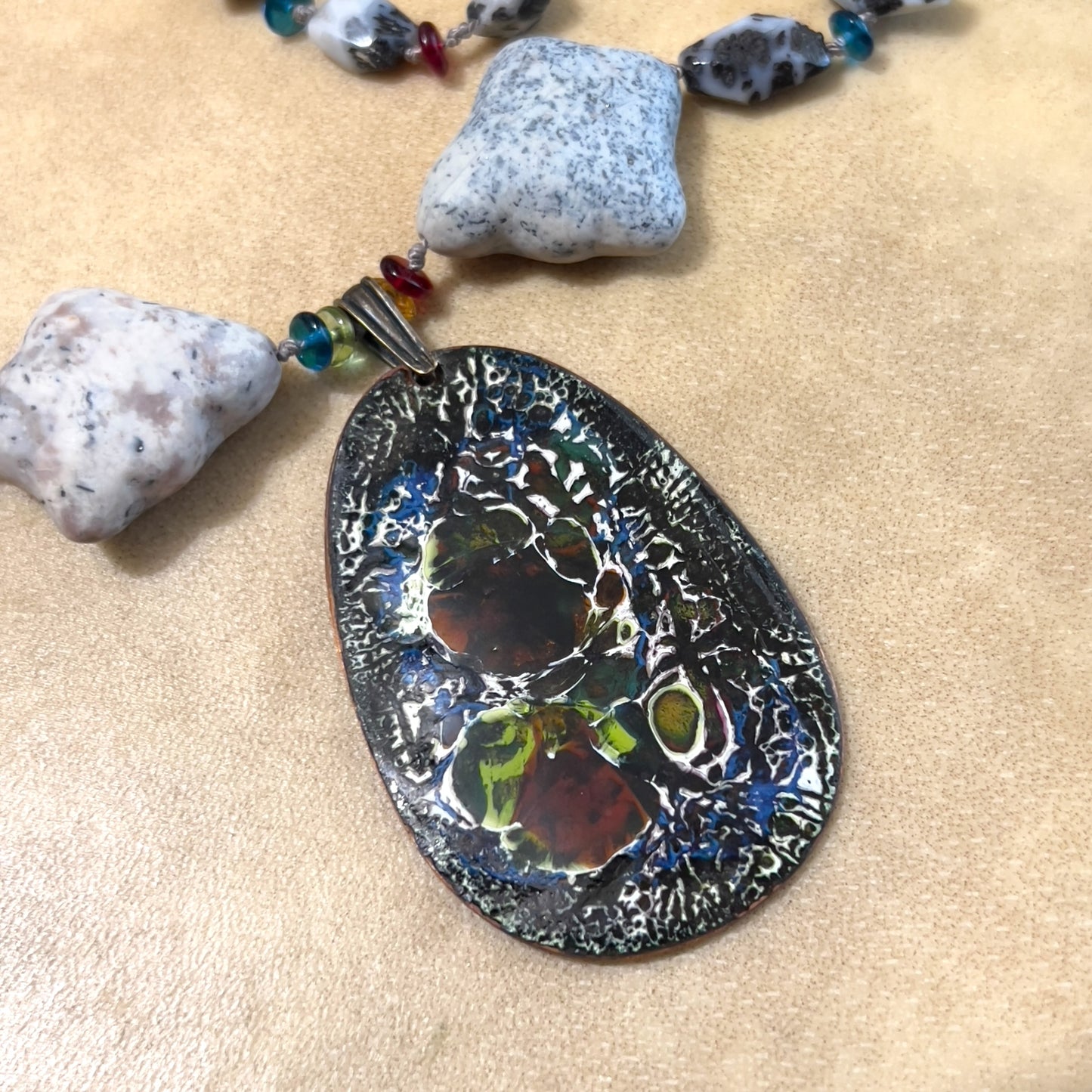 Artisan Handmade Agate & Stone Necklace with Enameled Metal Pendant