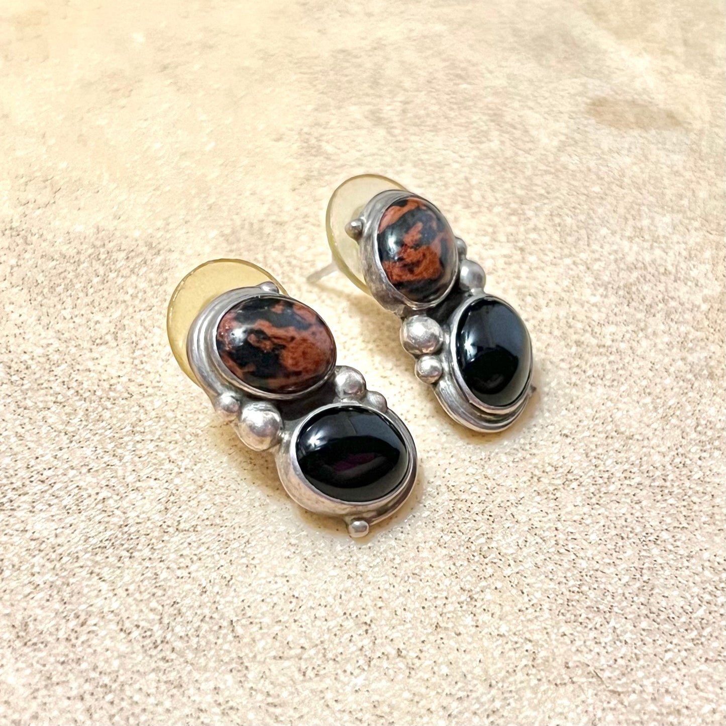 Mahogany & Black Obsidian Sterling Silver Vintage Pierced Stud Earrings