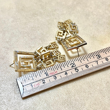 Greek Meander Gold Tone Vintage Pierced Stud Earrings