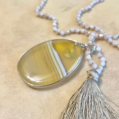 Yellow Agate Faceted Glass Beaded Necklace with Gold Tassel