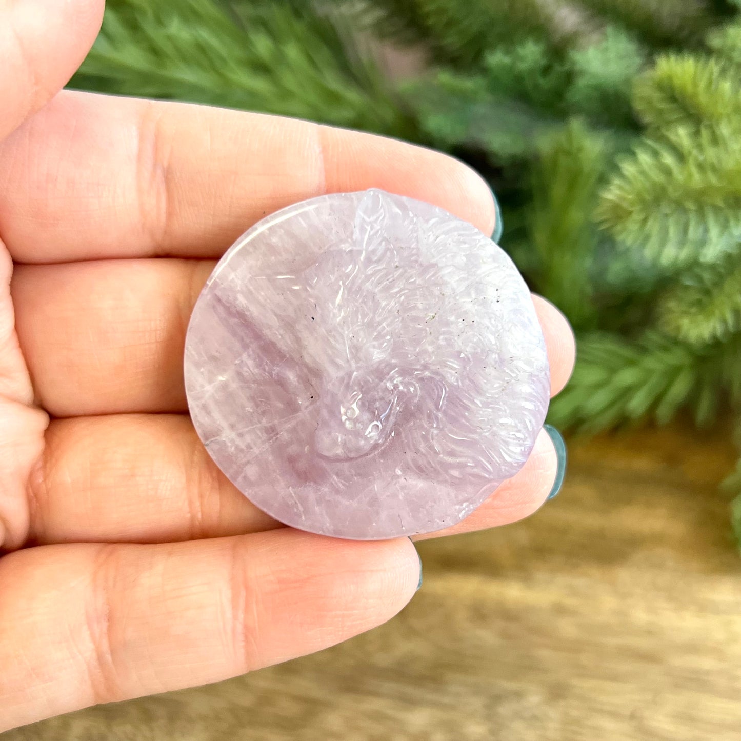 Purple Fluorite Wolf & Full Moon Carved Crystal Cabochon