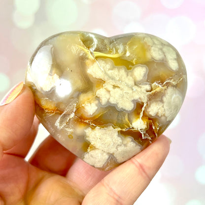 Flower Agate Carved Crystal Heart