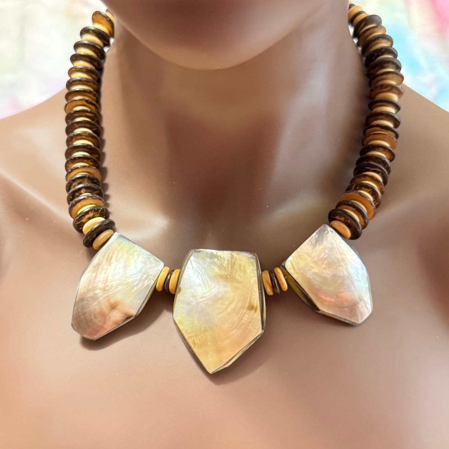 Mother of Pearl Abalone & Wood Beaded Necklace - Vintage
