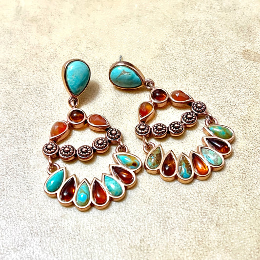 Barse Turquoise & Amber Gold Plated Copper Chandelier Pierced Stud Earrings