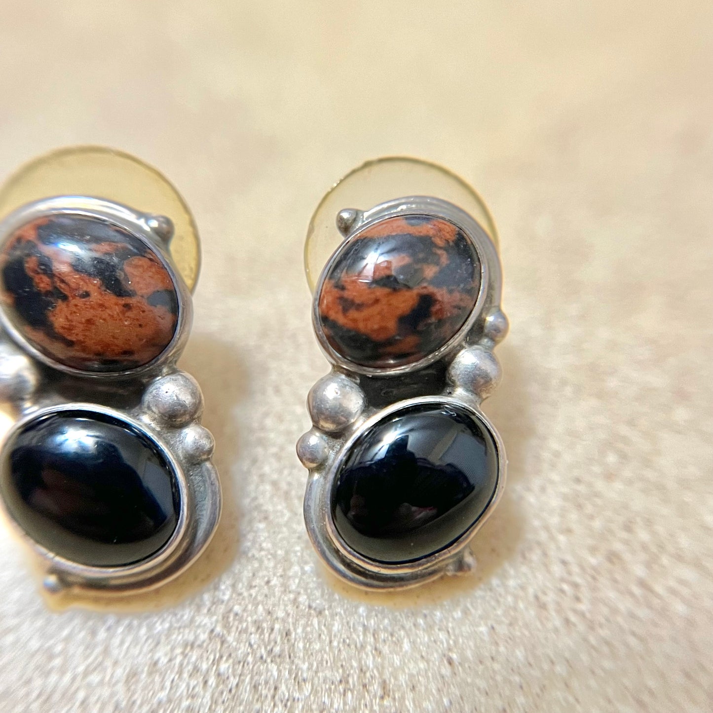 Mahogany & Black Obsidian Sterling Silver Vintage Pierced Stud Earrings