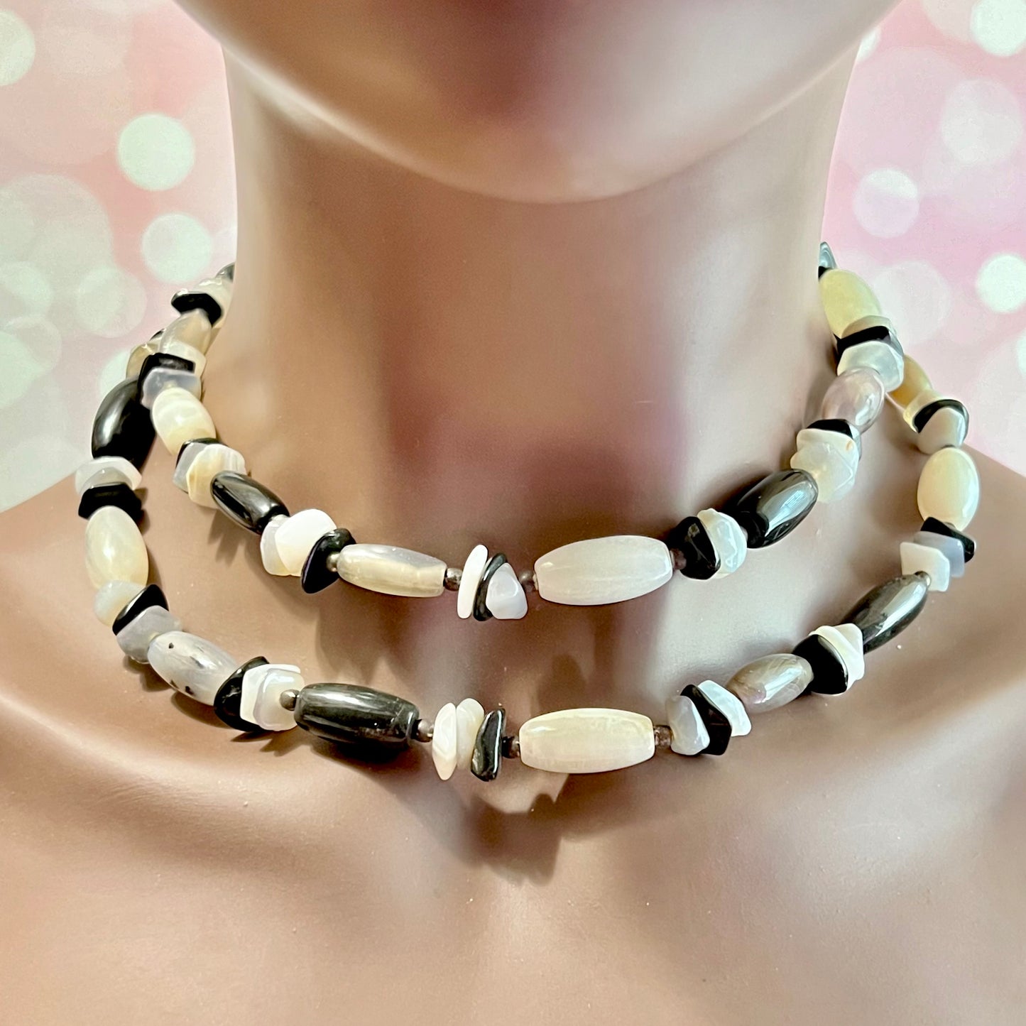 Black & White Agate Long Vintage Beaded Necklace