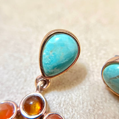 Barse Turquoise & Amber Gold Plated Copper Chandelier Pierced Stud Earrings