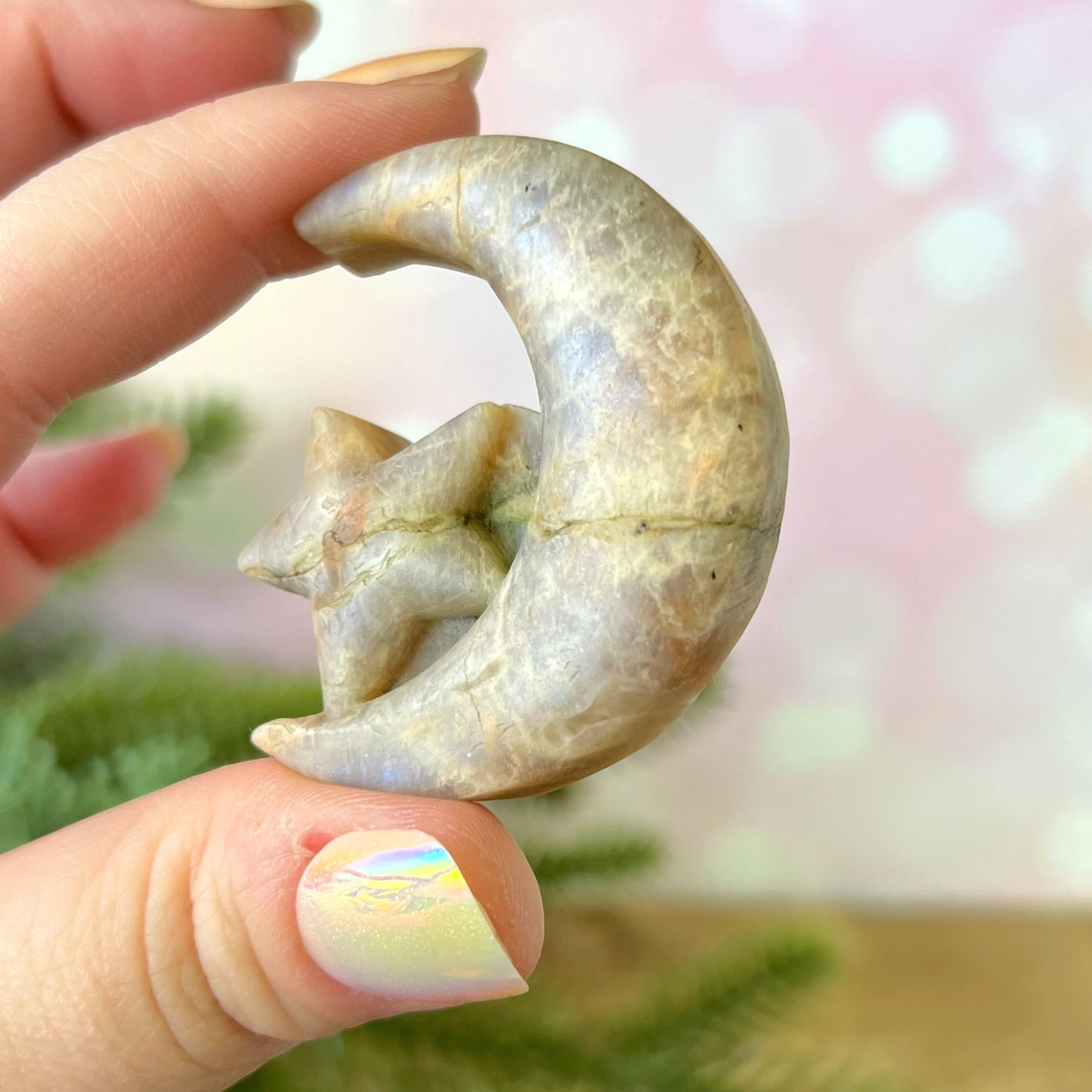 Belomorite Moon & Star Carved Crystal Cabochon