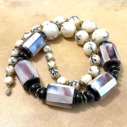 Mother of Pearl Large Vintage Beaded Barrel Necklace