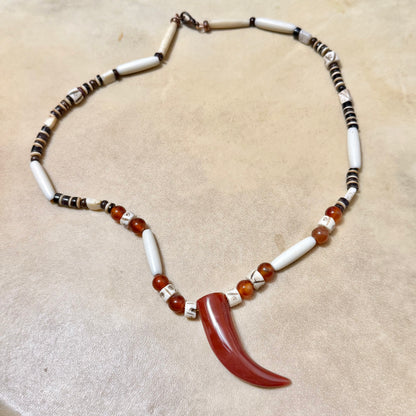 Vintage Handmade Copper Bone & Carnelian Tooth Necklace