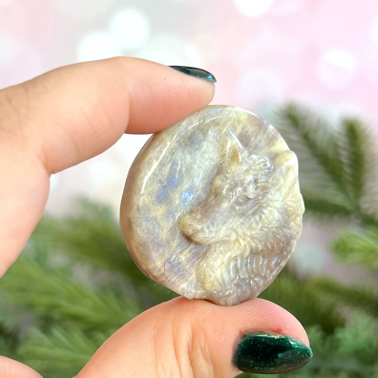 Belomorite Sunstone in Moonstone Wolf Carved Crystal Cabochon