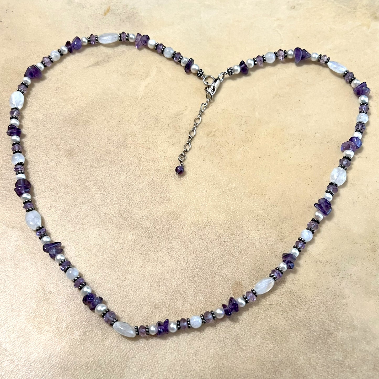 Amethyst, Rainbow Moonstone, & Pearl Vintage Beaded 925 Sterling Silver Necklace