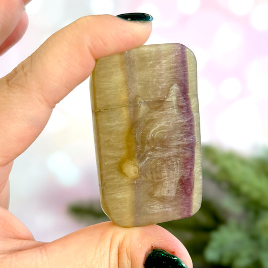 Yellow Fluorite Wolf Rectangle Carved Crystal Cabocho