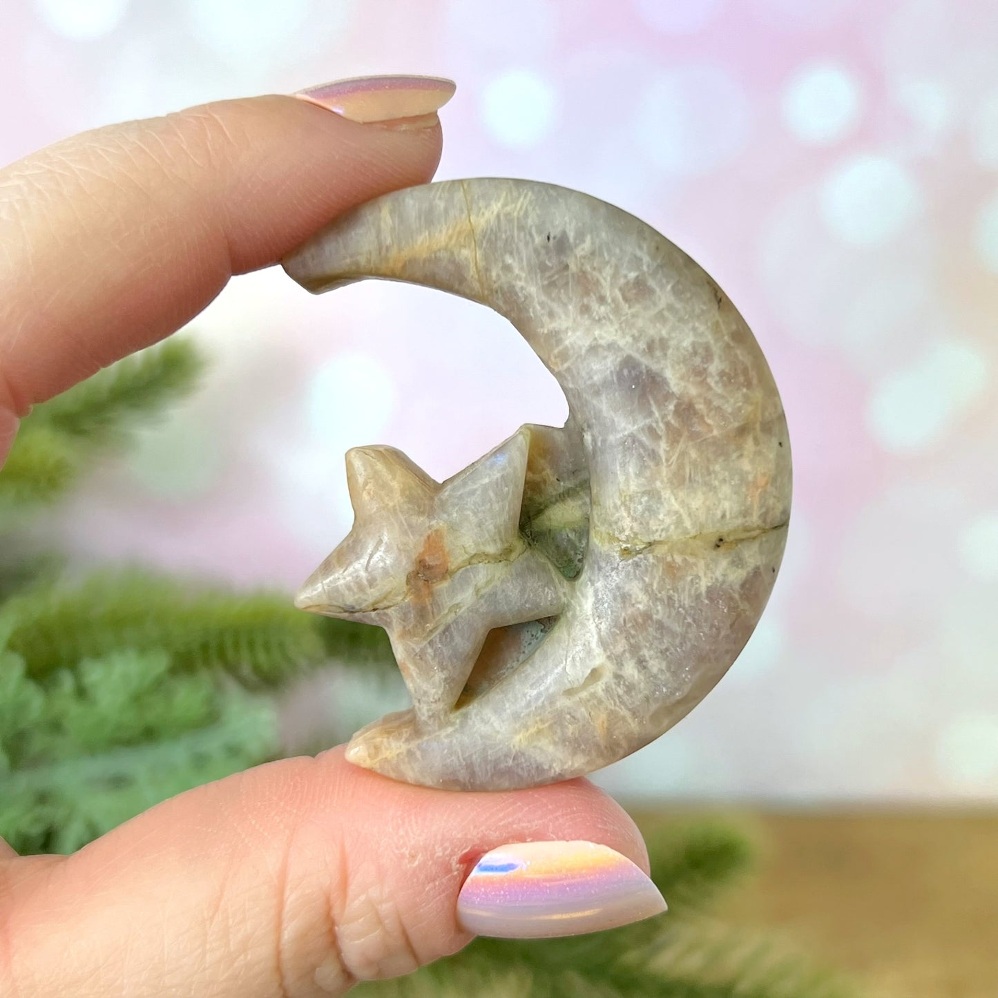 Belomorite Moon & Star Carved Crystal Cabochon