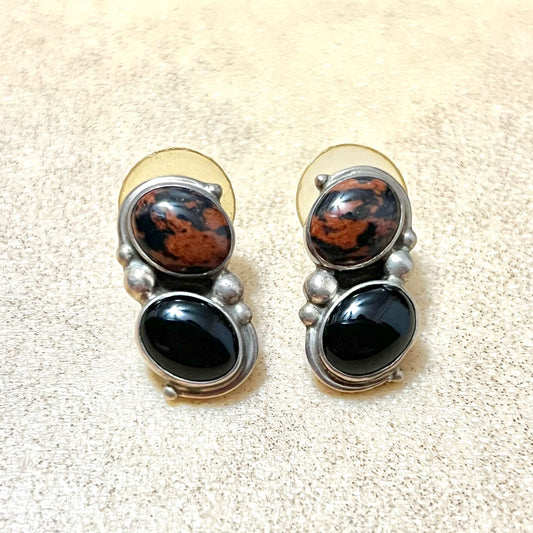 Mahogany & Black Obsidian Sterling Silver Vintage Pierced Stud Earrings