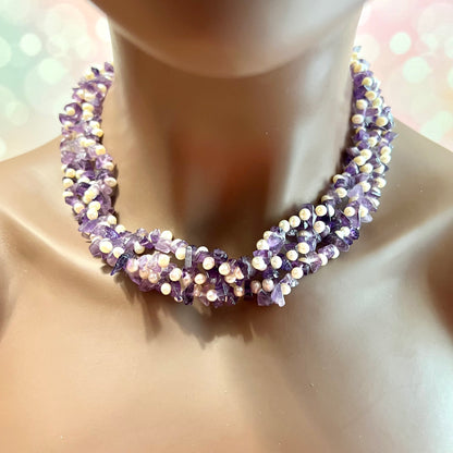 Amethyst & Pearl Vintage Multi Strand Beaded Necklace