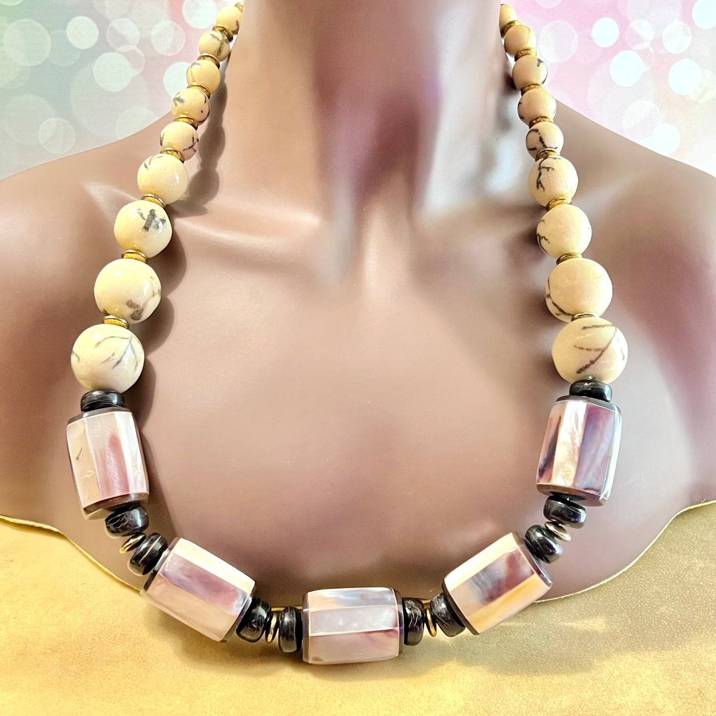 Mother of Pearl Large Vintage Beaded Barrel Necklace