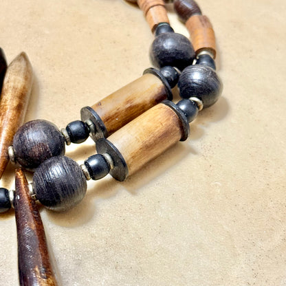 Vintage Tea Stained Bovine Bone Beaded Fan Necklace