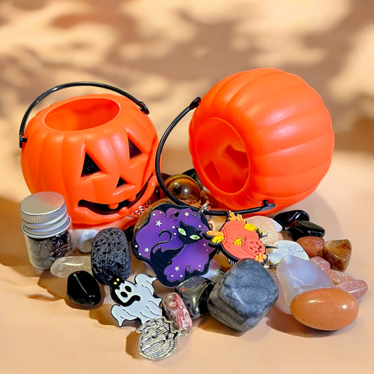 Jack O Lantern Mini Pumpkin Stuffed with Crystals & Halloween Goodies