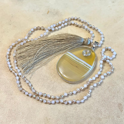 Yellow Agate Faceted Glass Beaded Necklace with Gold Tassel