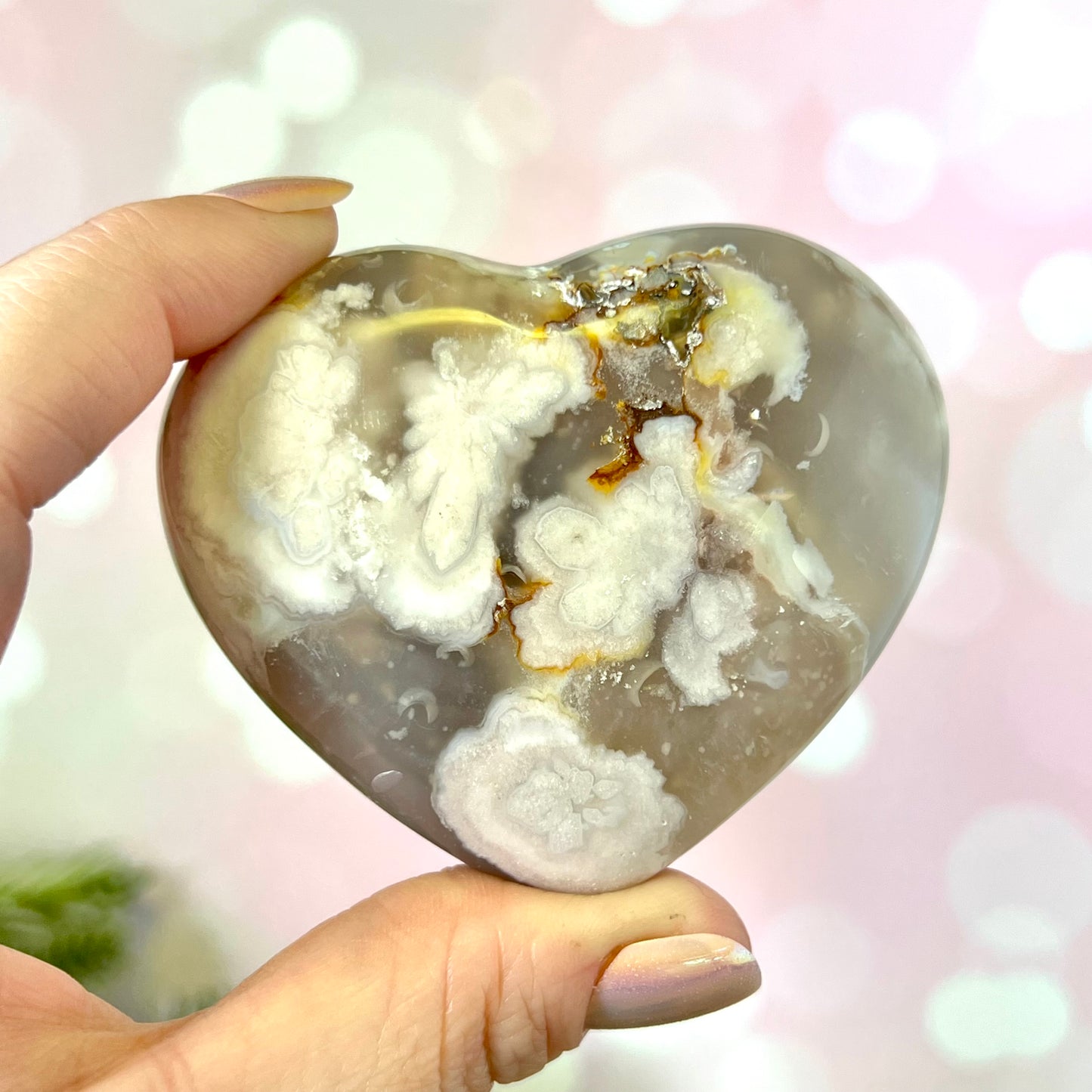 Flower Agate Carved Crystal Heart